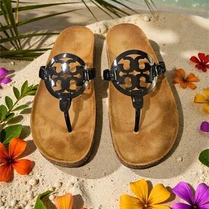 Tory Burch Black Patent Leather Cork Sandals & Dust Bag Size-9.5